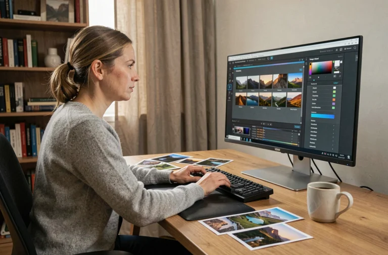 Photographe éditant ses photos avec Adobe Lightroom Classic sur un ordinateur de bureau dans un home studio moderne