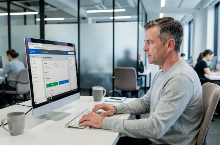 Homme consultant son compte en ligne sur un ordinateur de bureau dans un espace de coworking moderne