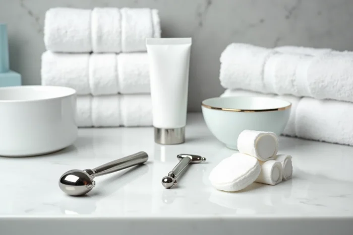 Plateau plat de soins de peau avec tire-comédon, rouleau jade et masque purifiant sur surface blanche