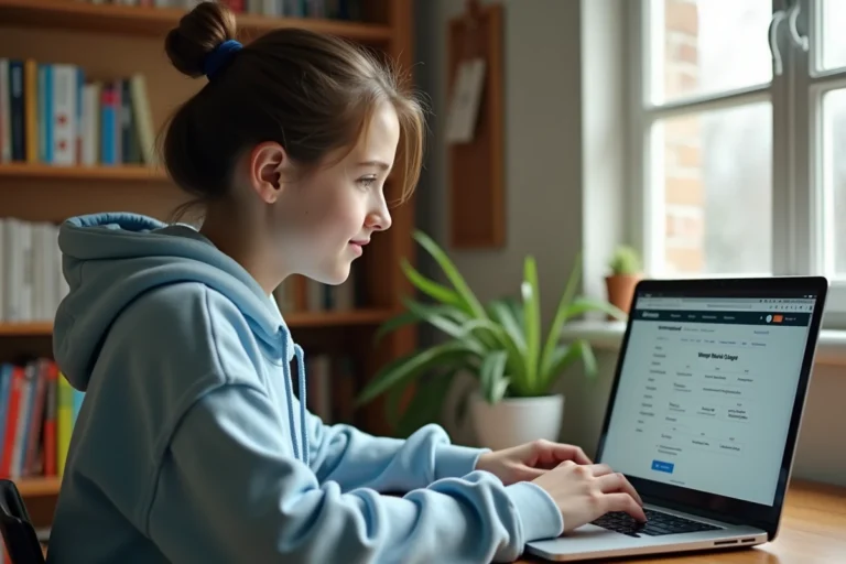 Adolescente utilisant l'ENT sur son ordinateur portable avant la rentrée scolaire dans sa chambre
