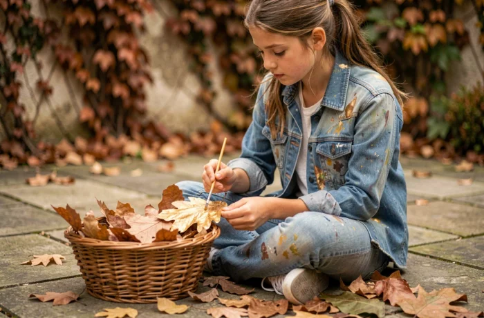 Adolescente appliquant de la peinture dorée sur une grande feuille séchée lors d'un atelier créatif en plein air