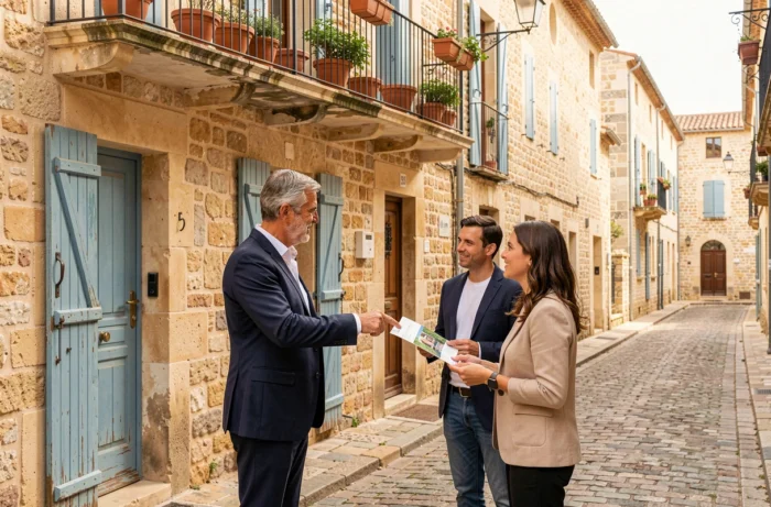 Agent immobilier présentant un bien en pierre dans une rue de Pézenas