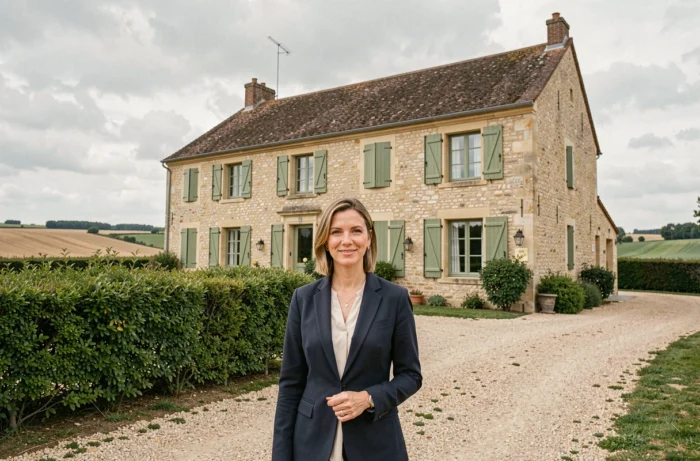 Agente immobilière devant une ferme en pierre typique de la région de Coulommiers en Seine-et-Marne