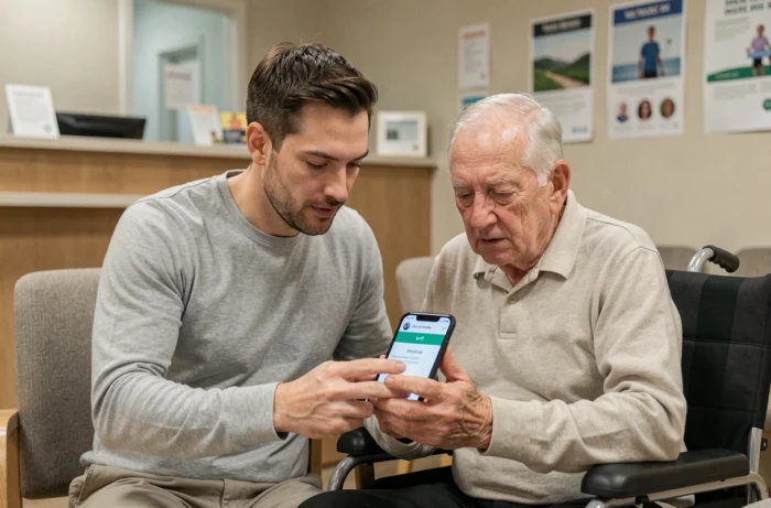 Un aidant familial et un proche âgé sous tutelle consultent ensemble un smartphone pour télécharger l'application Mon Proxima dans une salle d'attente administrative