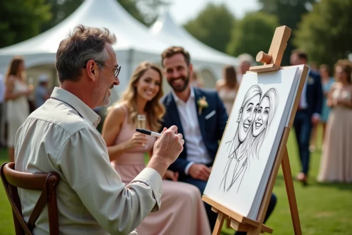 Caricaturiste dessinant un couple de mariés lors d'une animation originale en plein air dans un jardin de réception