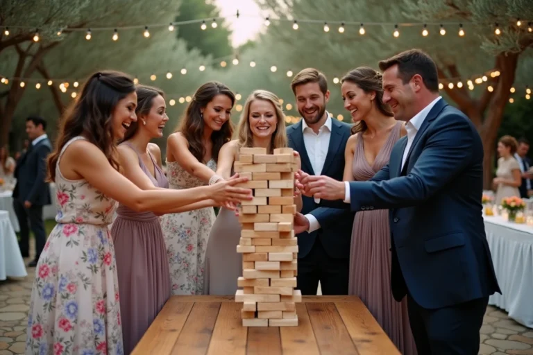 Invités de mariage jouant à un Jenga géant en bois dans un jardin décoré de guirlandes lumineuses lors d'une animation originale