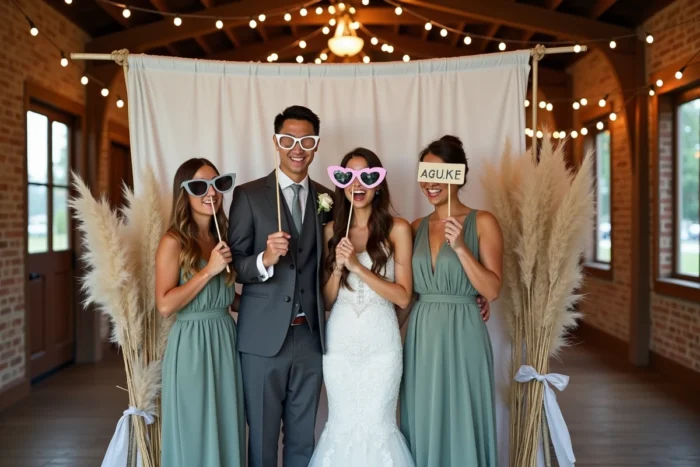 Mariés et demoiselles d'honneur s'amusant dans un photobooth rustique avec des accessoires originaux lors de la réception de mariage