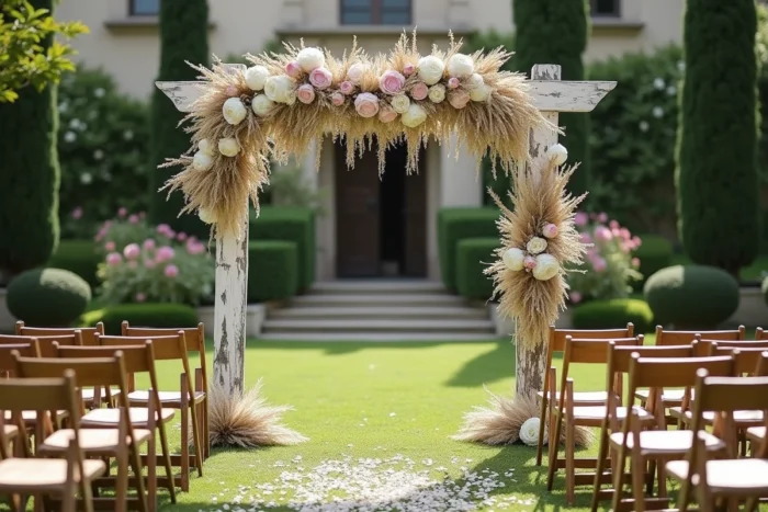 Arche de cérémonie de mariage en bois blanc ornée de pivoines et pampa dans un jardin de manoir en pierre avec allée fleurie