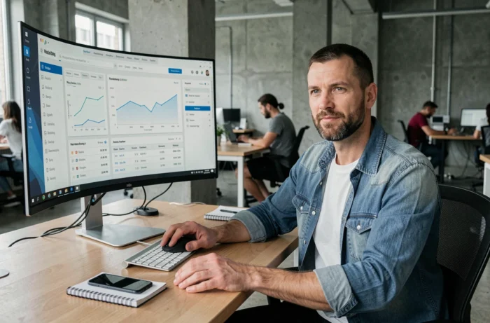 Auto-entrepreneur masculin gérant ses factures sur un logiciel de gestion dans un espace de coworking