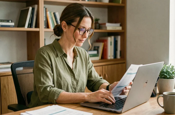 Auto-entrepreneuse utilisant un logiciel de facturation sur son ordinateur portable dans son bureau à domicile
