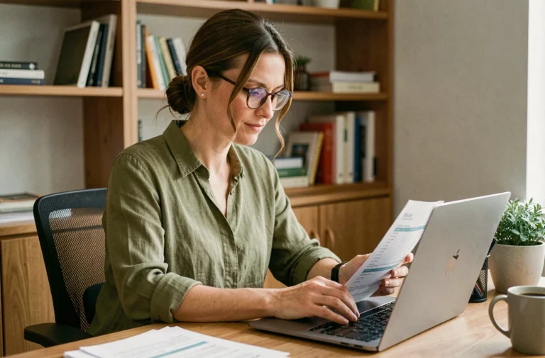 Auto-entrepreneuse utilisant un logiciel de facturation sur son ordinateur portable dans son bureau à domicile