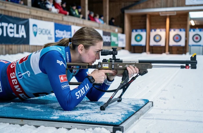 Biathlète féminine en position allongée visant ses cibles lors d'un classement en coupe du monde de biathlon