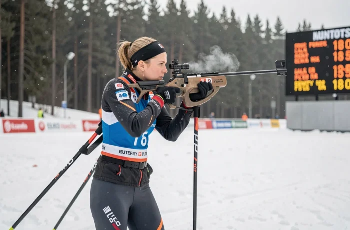 Athlète de biathlon féminin arrivant au pas de tir debout lors d'une compétition avec tableau des points visible