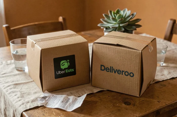 Deux boîtes de livraison Uber Eats et Deliveroo côte à côte sur une table pour comparer les prix et services