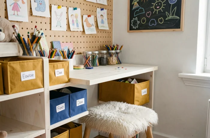Bureau créatif dans une chambre d'enfant avec étagères en bois, bacs en tissu colorés, tableau noir et dessins encadrés
