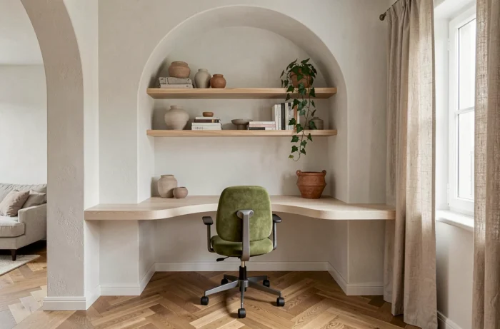 Bureau à domicile tendance 2024 avec bureau en chêne courbé, étagères ouvertes et objets en céramique dans une alcôve en plâtre arrondie