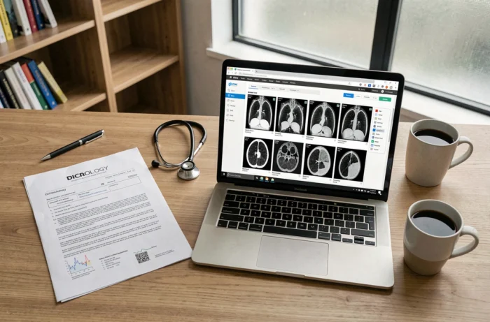 Bureau médical avec rapport de radiologie imprimé et interface web d'imagerie médicale DICOM affichée sur ordinateur portable