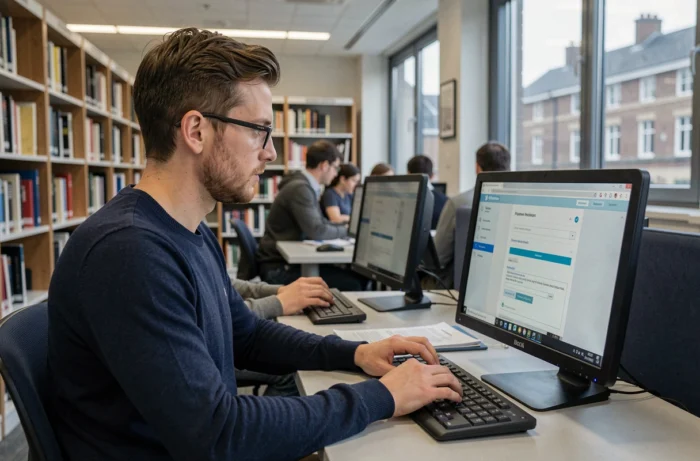 Étudiant soumettant son dossier de candidature sur eCandidat depuis la bibliothèque universitaire du Havre