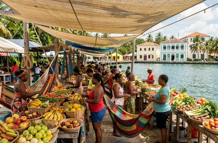 Un marché amazonien à Cayenne en Guyane réunissant femmes amérindiennes, haïtiennes et brésiliennes dans un décor colonial tropical