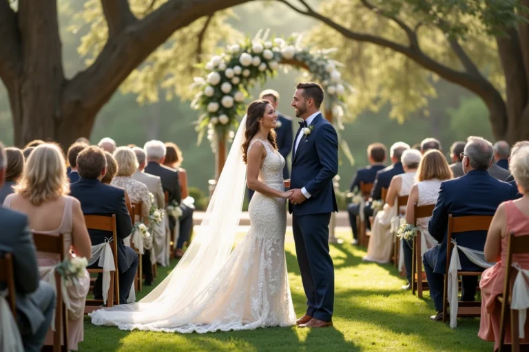 Mariés souriant devant un arche florale dans un jardin élégant lors d'une cérémonie de mariage en plein air
