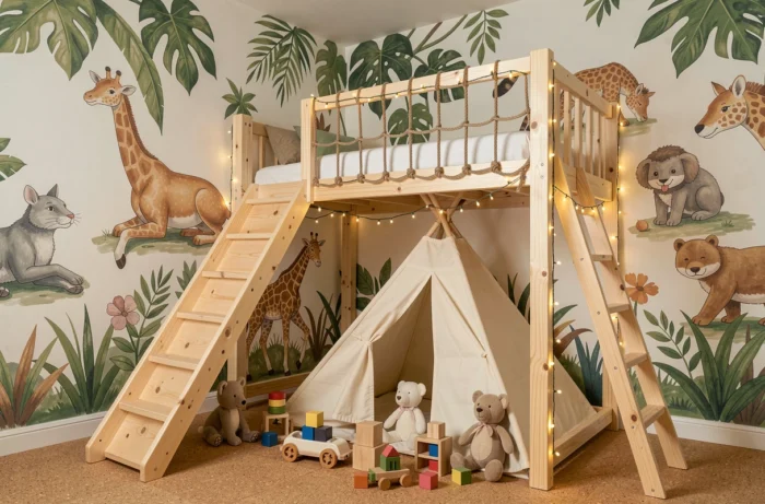 Chambre d'enfant ludique avec lit mezzanine en pin, toboggan, tipi en tissu et mural jungle en tons terreux