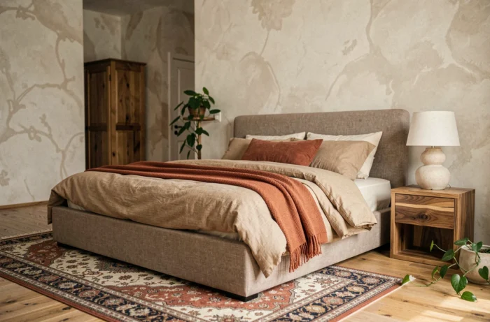 Chambre tendance 2024 avec tête de lit en lin taupe, mur en enduit chaux et lampe sculptural en plâtre, décoration cosy et naturelle