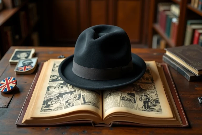 Chapeau melon vintage posé sur des pages de bande dessinée ouvertes sur un bureau en bois sombre, entouré de souvenirs britanniques rétro