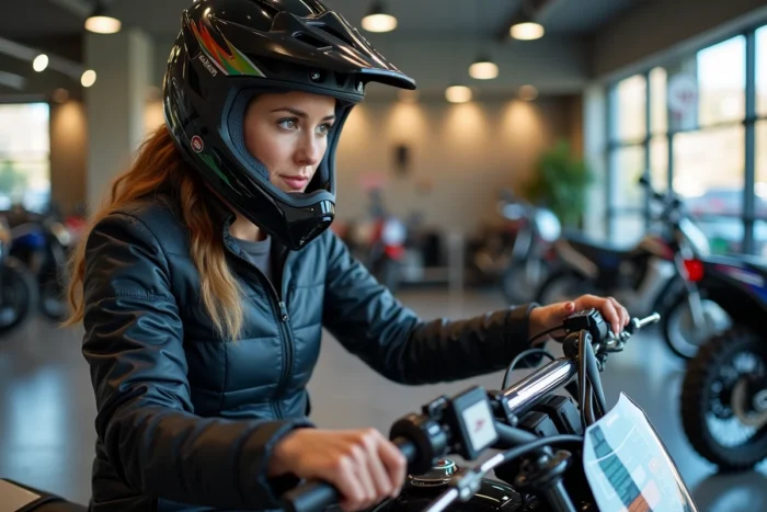 Femme assise sur une moto cross 125 homologuée dans une concession moto, examinant les commandes avant achat