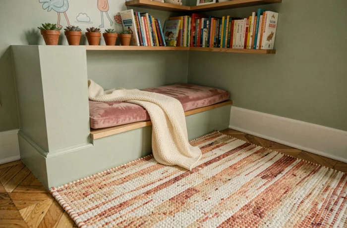 Coin lecture cosy dans une chambre d'enfant avec niche en bois vert sauge, coussins en velours rose et bibliothèque colorée