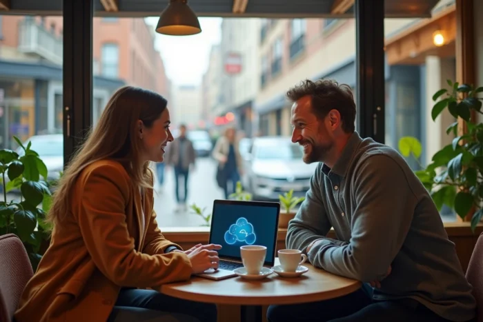 Deux professionnels collaborant sur une plateforme de services en ligne dans un café urbain pour développer leurs projets d'entreprise