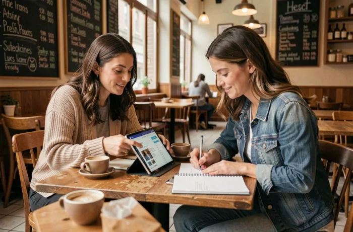 Deux femmes collaborant sur une stratégie de contenu pour un blog autour d'un café dans un environnement urbain