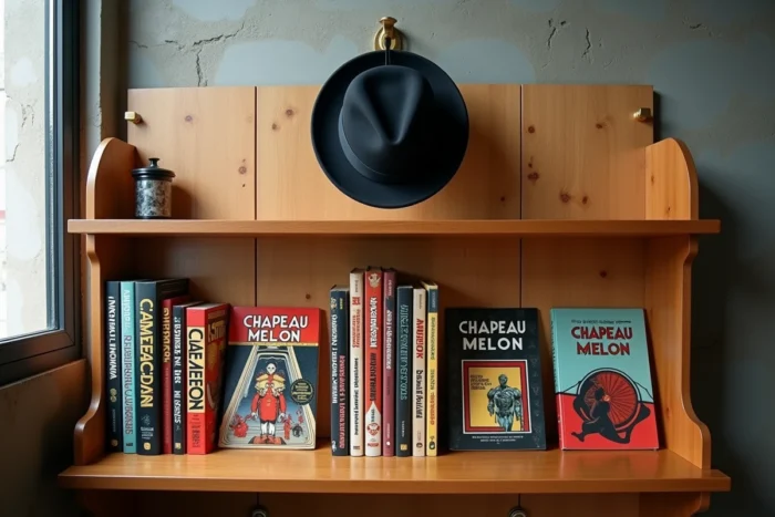 Collection de volumes Chapeau Melon alignés sur une étagère moderne avec un vrai chapeau melon accroché au-dessus dans un appartement contemporain