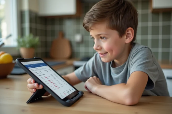 Jeune collégien consultant son ENT sur une tablette dans la cuisine familiale avant la rentrée