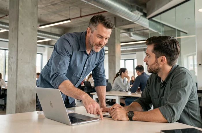 Deux collègues consultant des informations de contact sur un ordinateur portable dans un espace de travail collaboratif