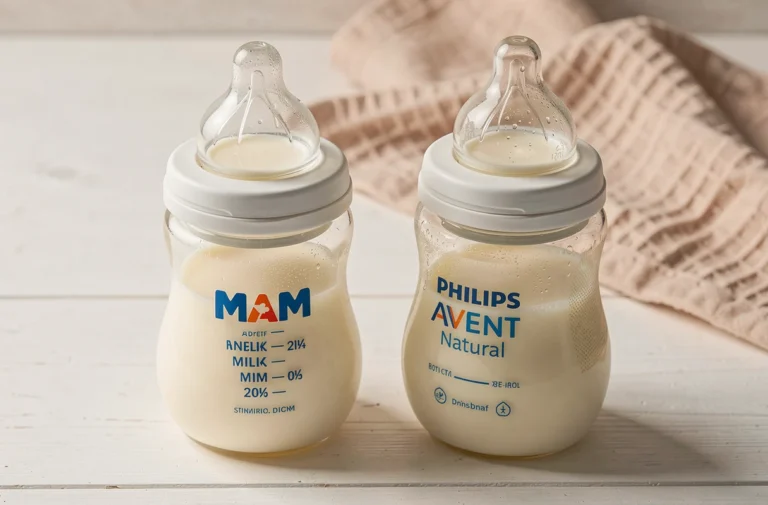 Comparaison d'un biberon MAM anti-colique et d'un biberon Philips Avent Natural côte à côte sur une surface en bois blanc