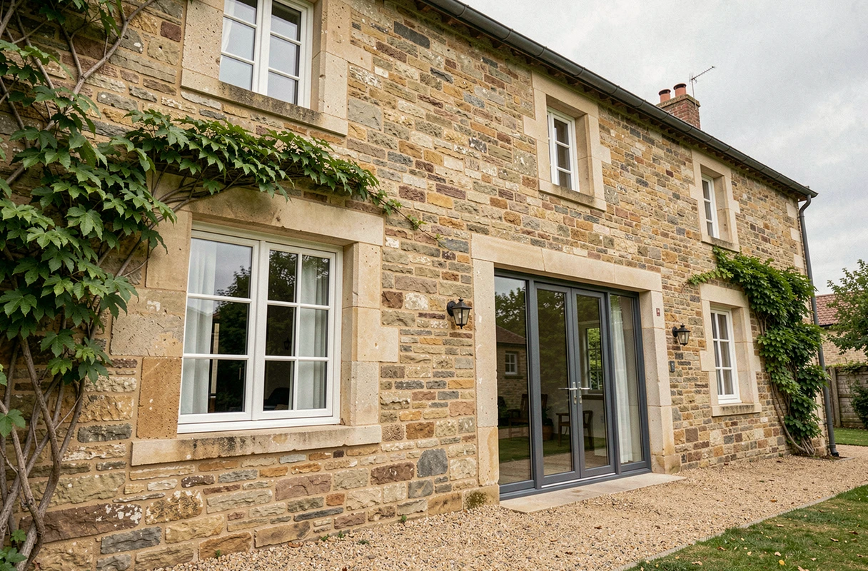 Comparaison de fenêtres PVC et aluminium sur la façade en pierre d'une maison de campagne rénovée