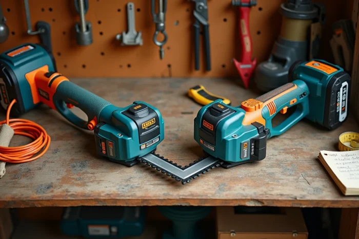 Comparaison de deux taille-haies électriques, filaire et sans fil, posés sur un établi en bois dans un abri de jardin