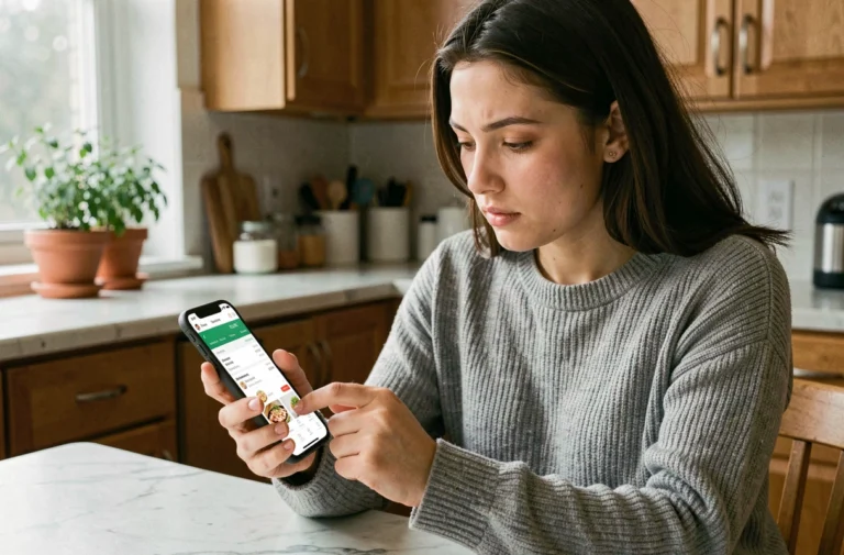 Femme comparant les prix de livraison Uber Eats et Deliveroo sur son smartphone dans une cuisine moderne