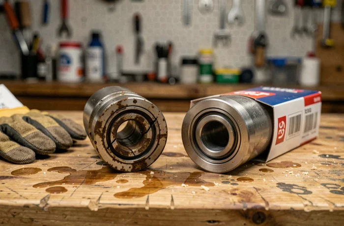 Comparaison entre un ancien vérin de porte de garage usé et un vérin neuf posés sur un établi