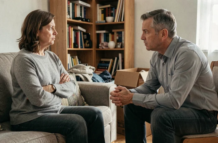 Deux adultes en conversation tendue dans un salon encombré, illustrant un conflit d'hébergement entre hôte et personne hébergée