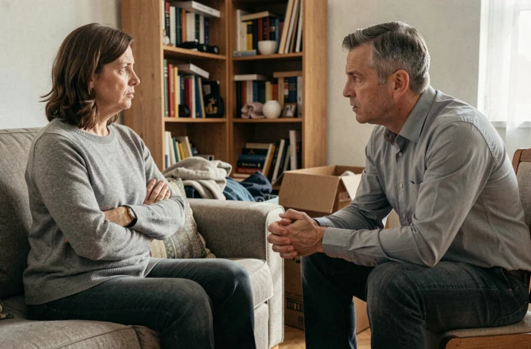 Deux adultes en conversation tendue dans un salon encombré, illustrant un conflit d'hébergement entre hôte et personne hébergée