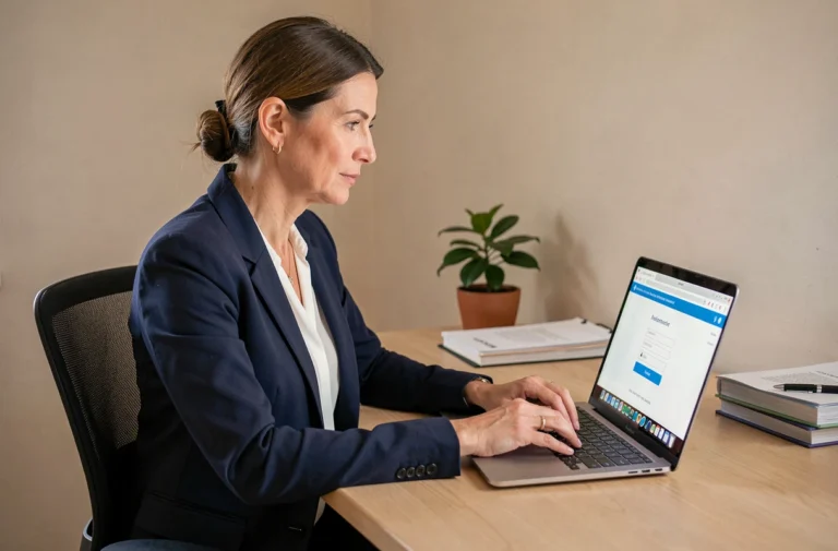 Femme professionnelle se connectant à un extranet sur son ordinateur portable dans un bureau à domicile
