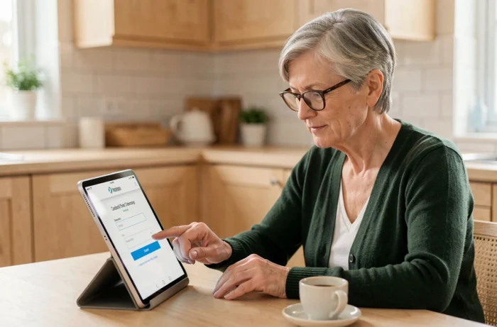 Femme mature accédant à son espace compte extranet depuis une tablette dans sa cuisine le matin
