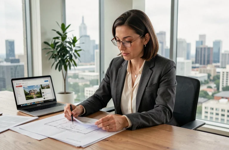 Femme professionnelle de l'immobilier étudiant des plans et documents dans une agence moderne avec vue sur la ville
