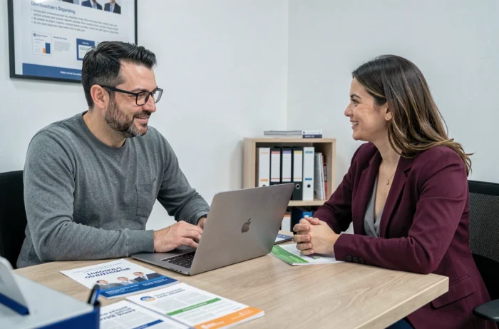 Homme consultant une conseillère en mutuelle santé dans un bureau professionnel, discutant des options de couverture pour maladie chronique