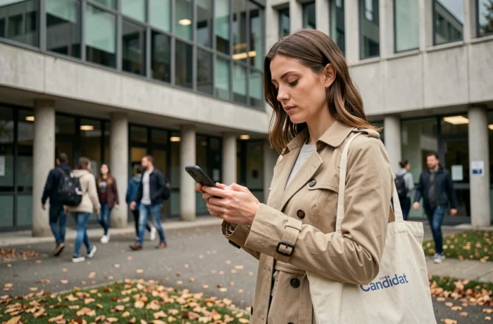 Candidate consultant la plateforme eCandidat sur son smartphone devant un bâtiment universitaire normand