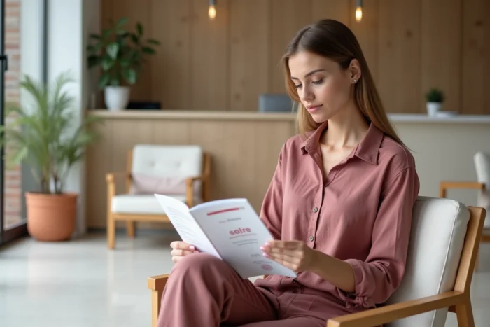 Femme consultant une brochure sur l'épilation par électrolyse dans la salle d'attente d'un institut à Montpellier