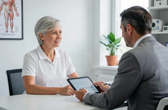 Femme en consultation médicale avec son médecin généraliste dans un cabinet moderne, illustrant le suivi de santé régulier