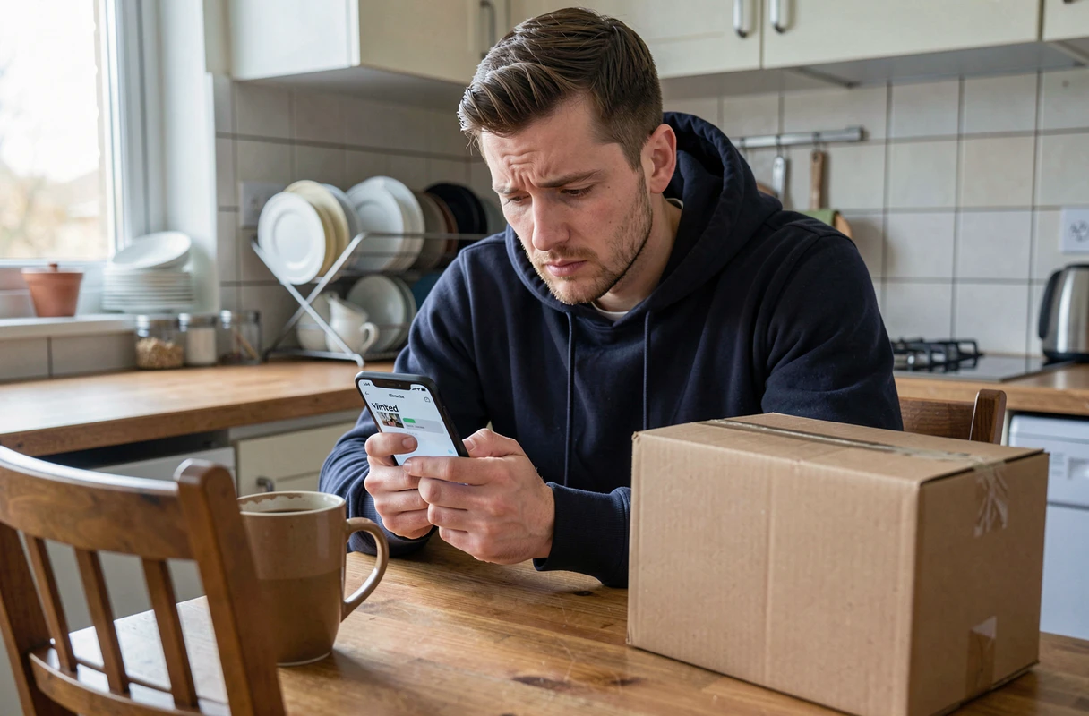 Homme consultant l'application Vinted sur son téléphone à la maison avec un colis non récupéré posé sur la table de cuisine