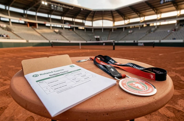 Contenu détaillé d'un dossier d'inscription Roland Garros incluant badge, accréditation et brochure tarifaire posés sur une table en extérieur